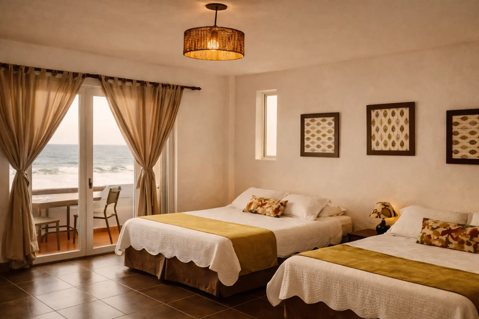 Habitación doble amplia con vista al océano en hotel en Puerto Cayo Ecuador